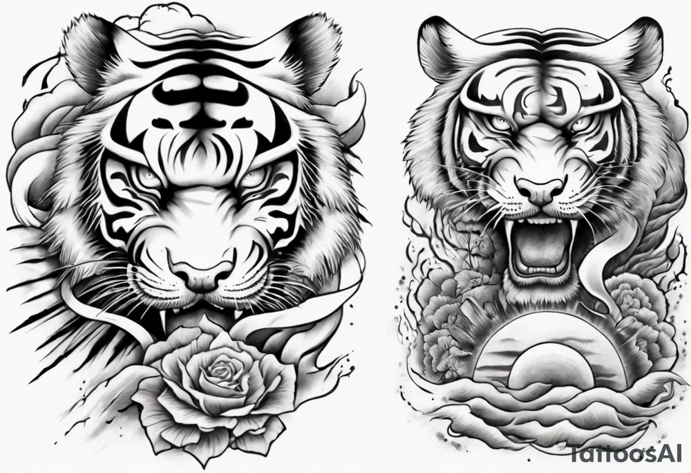 Tiger sleeve tattoo with lightning and the sun tattoo idea