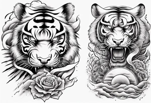 Tiger sleeve tattoo with lightning and the sun tattoo idea
