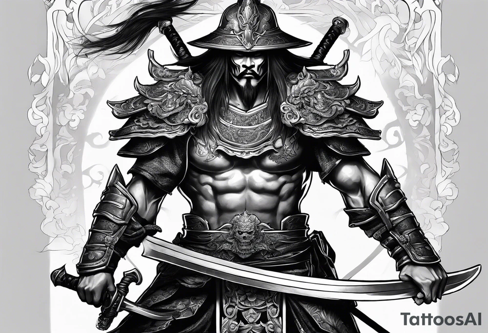 A full body sketch of a badass Asian warrior who is also a skeleton tattoo idea