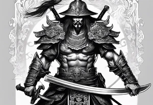 A full body sketch of a badass Asian warrior who is also a skeleton tattoo idea