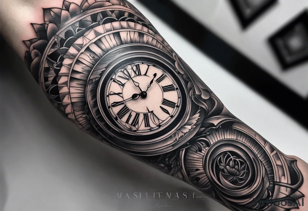forearm sleeve, clock, stairs tattoo idea