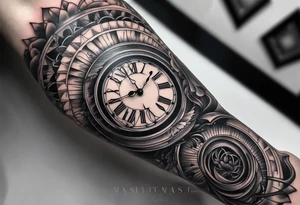 forearm sleeve, clock, stairs tattoo idea
