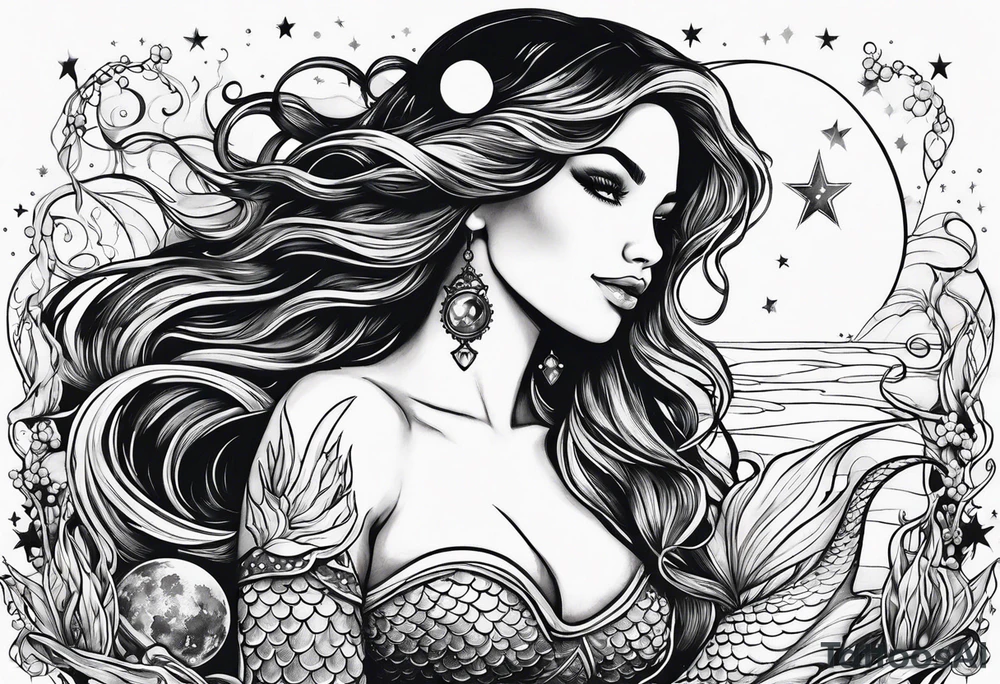 Swamp mermaid under stars and planets tattoo idea