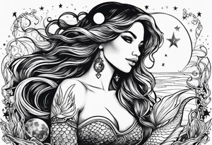 Swamp mermaid under stars and planets tattoo idea
