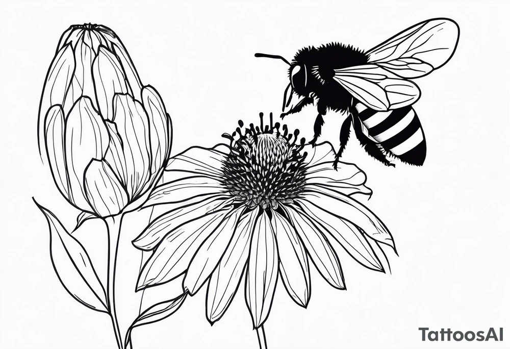 Fine line coneflower and bumblebee tattoo idea