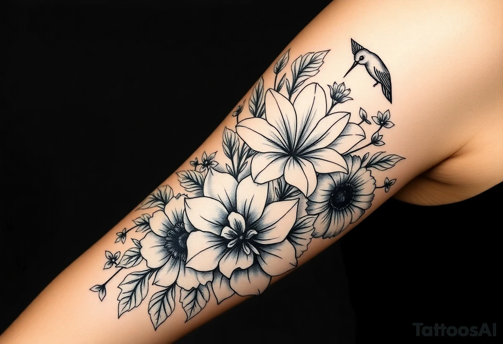Can you create an image of a tattoo that will go on my upper arm including the following floral arrangement done very light handed and with soft lines- 1 large violet, 1 large carnation, 1 large lily of the valley, 1 large narcicuss, 1 medium carnation, 1 medium violet, 1 small dafodil, 2 small water lillies, and 1 small chrysanthemum. Add a small hummingbird drinking out of the large narcicuss. I want it on my upper right arm on the outside but slightly wrapping around the outer arm. I would like some greenery to fill in spaces as well. Make it large enough to fill my upper arm. I want the flowers to have dramatic and realistic shading. Make the tattoo more vertical than horizontal and put it on a female's arm with medium tan skin. tattoo idea