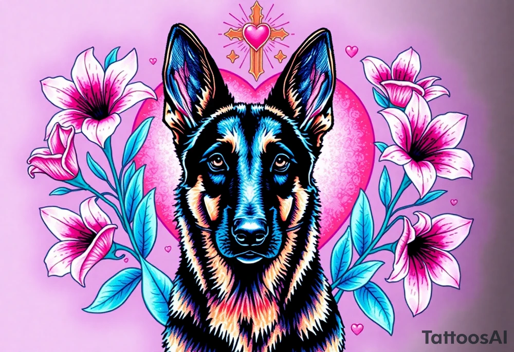 realistic german shepherd with alert ears looking protective surrounded by pink lilies with leaves in front of a sacred heart tattoo idea
