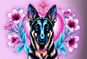 realistic german shepherd with alert ears looking protective surrounded by pink lilies with leaves in front of a sacred heart tattoo idea
