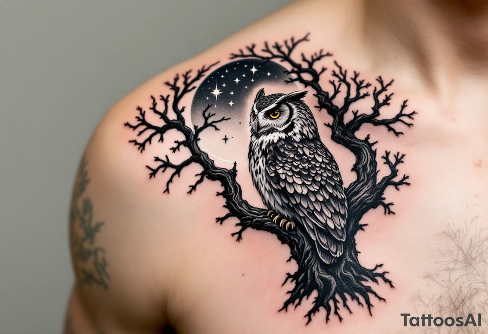 wise owl perched on ancient oak branch under starlit sky tattoo idea wise owl perched on ancient oak branch under starlit sky tattoo idea