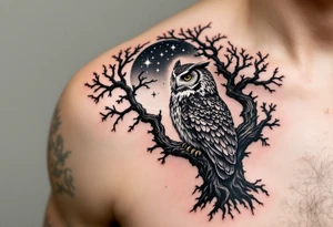 wise owl perched on ancient oak branch under starlit sky tattoo idea