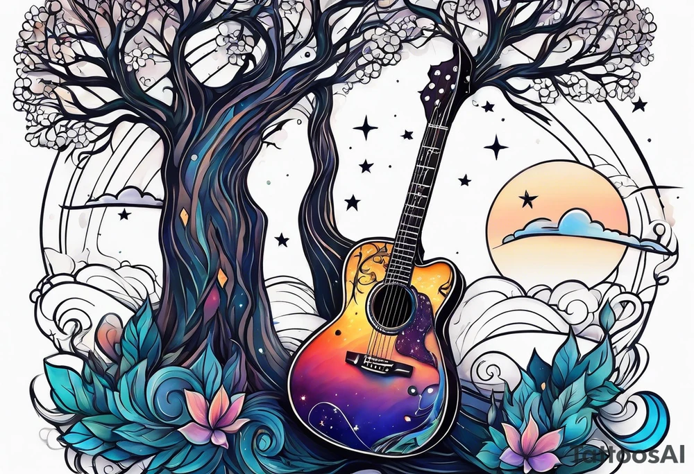 guitar made out of trees and a night sky tattoo idea