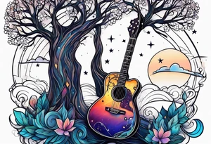 guitar made out of trees and a night sky tattoo idea