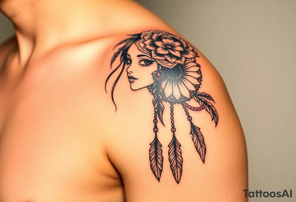 Half sleeve on arm. I already have a girl with flower crown in my shoulder and upper outer arm. Add a dream catcher and Catrina face. Use black and red ink. tattoo idea