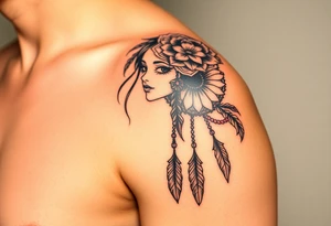 Half sleeve on arm. I already have a girl with flower crown in my shoulder and upper outer arm. Add a dream catcher and Catrina face. Use black and red ink. tattoo idea