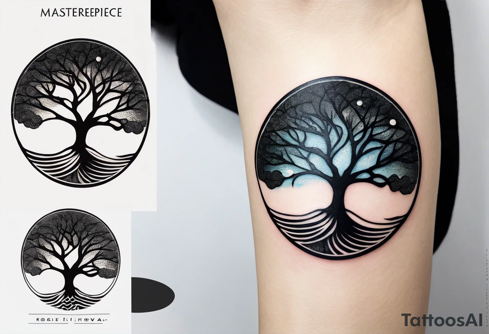 A tattoo of an abstract Tree of Life tattoo to be placed directly on the bicep of a woman. It can wrap around the arm a little. It should have roots growing out of the bottom. The roots slowly turn into water from the Great Wave by Hokusai. A golf flag should be placed discreetly growing out of the ground. 2 license plate tags should be hanging from the tree. Place a few music notes in the areas the leaves should be. The letters A U should be engraving into the tree trunk in a heart. tattoo idea