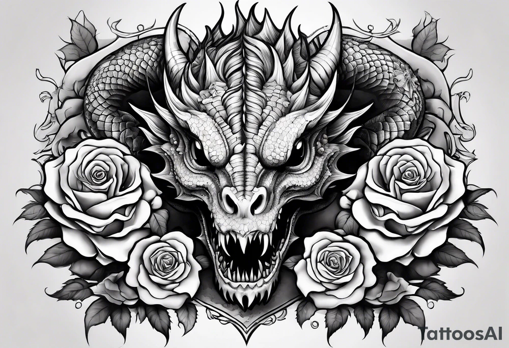 aesthetic dragon with skull and rose tattoo idea