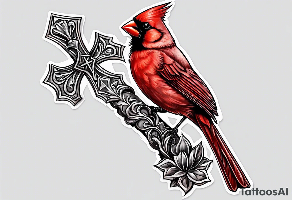 Cross with cardinal bird sitting on it tattoo idea