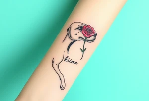 Half dead half alive zombie Brindle dog with the name kiwi . And a tiny rose tattoo idea