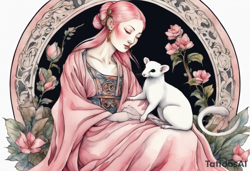 a pink ermine sitting on the lap of a beautiful medieval woman tattoo idea