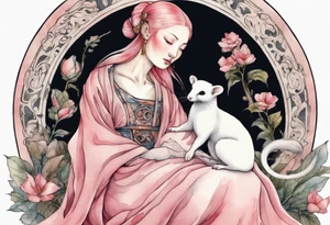 a pink ermine sitting on the lap of a beautiful medieval woman tattoo idea
