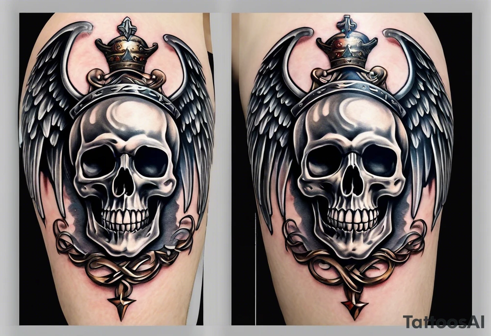 In the center is a skull pierced by a large sword. On either side of the skull, there are spread angel wings, creating an impression of protection and majesty. Beneath the skull is a ribbon that weaves through both the skull and the sword, imparting unity and linking all the elements together. tattoo idea
