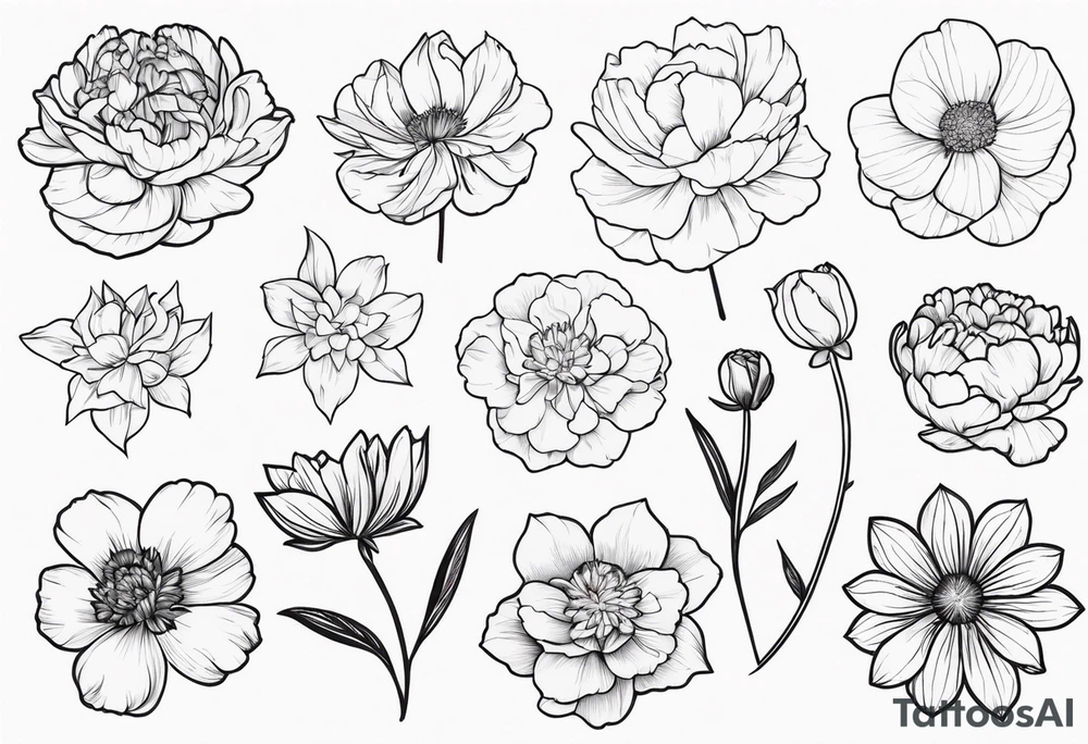 make me a black and white tattoo that has one of each following flowers peony, carnation, daffodil, daphne, dahlia, desiree, daisy and rose tattoo idea