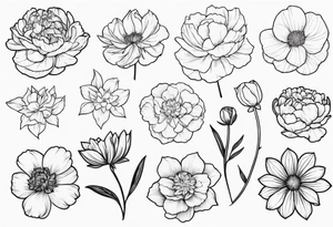 make me a black and white tattoo that has one of each following flowers peony, carnation, daffodil, daphne, dahlia, desiree, daisy and rose tattoo idea