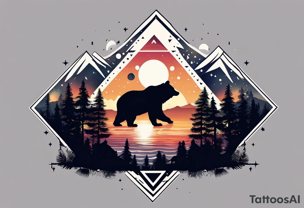 I need to create a sleeve tattoo from shoulder to wrist. The design should include space, stars, forest, sunset, mountains, cliffs, waterfall, water, ocean, wild animals (bear, wolves, elephant), and inserts of triangles and geometric figures. I have two children – a son, Sergei (the eldest), and a daughter, Anna, who live with me and my wife. But I also have another daughter, Marianna, whom I haven't seen for a long time and eagerly await to meet. The tattoo should symbolize love and protection for my children and family, the desire to secure their future, and confidence in tomorrow. It should reflect the notion of not looking back, but always moving forward and achieving goals! tattoo idea