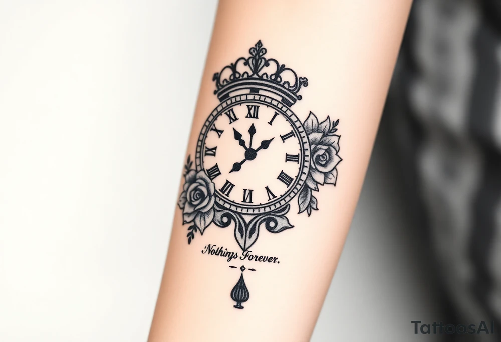 Roman clock with roses and a crown,  a quote that says nothings forever. and on the bottom a deck of cards tattoo idea