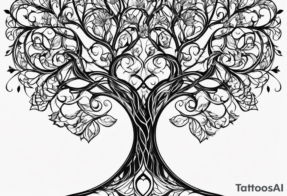 fine line vines, tree, minor geometric aspects. Utilize some negative space. tattoo idea