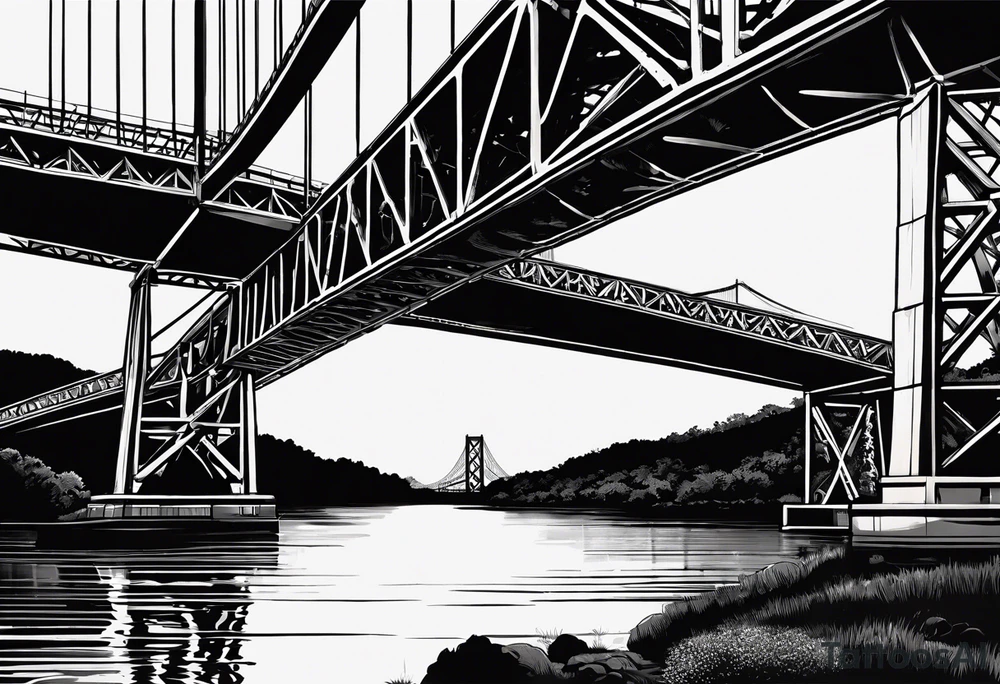 70's poster art, pop art, simple, view from under steel truss cantilever bridge tattoo idea
