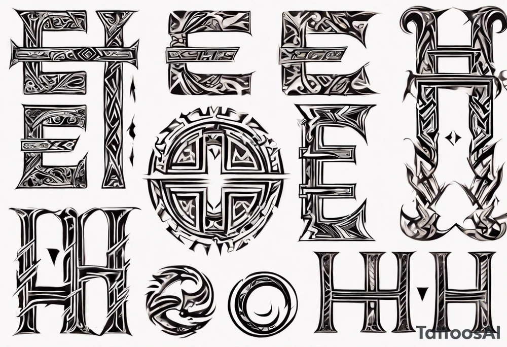 combine the letters E and H with tribal pattern tattoo idea