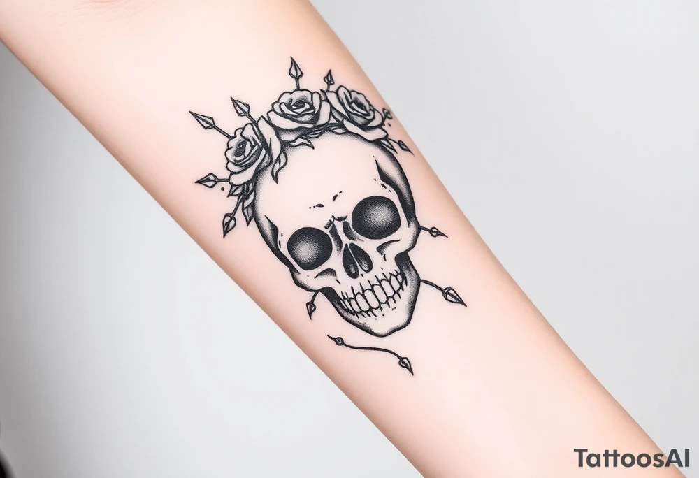 ornate skull adorned with crown of wild roses and thorns tattoo idea