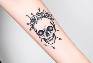 ornate skull adorned with crown of wild roses and thorns tattoo idea