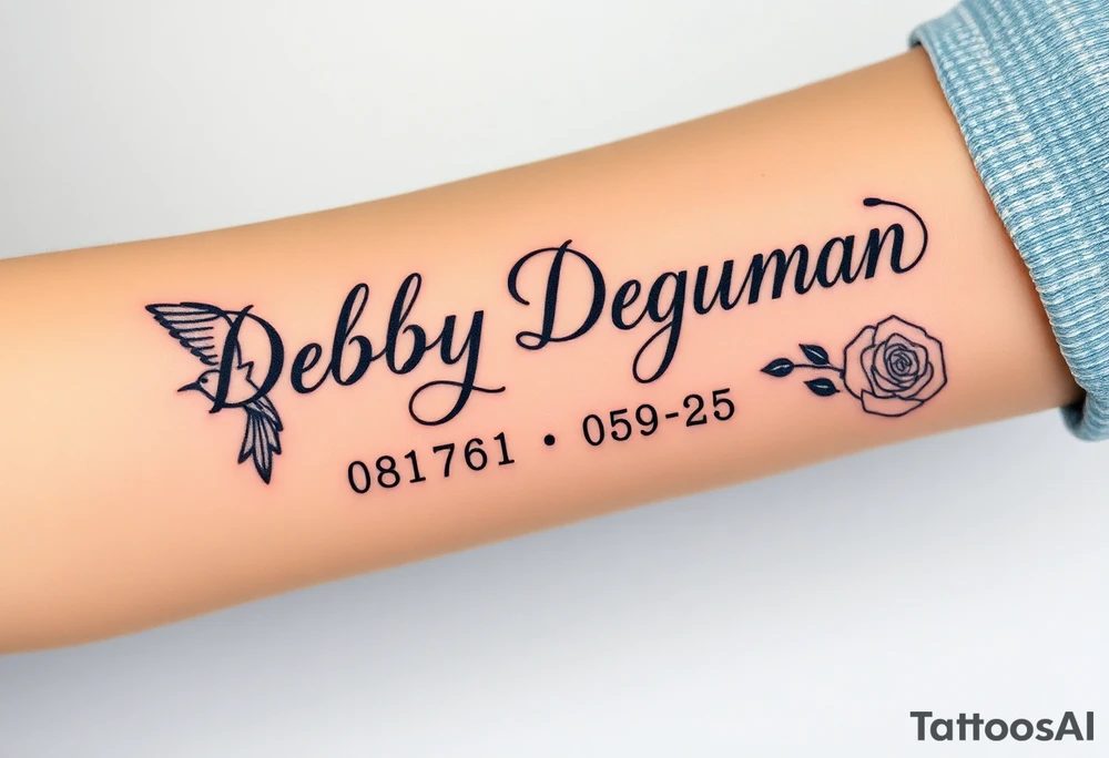 Tattoo of the exact name Debby Deguzman in chunky curly cursive with the exact dates of 08/17/61-05/29/25 surrounded by 1 hummingbird and 1 rose tattoo idea