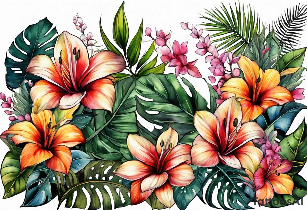 Tropical foliage and blooms tattoo idea