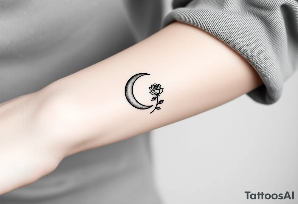 Small black and white tattoo waning crescent moon with small rose birth flower AND tiny Gemini gliph tattoo idea