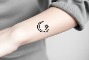 Small black and white tattoo waning crescent moon with small rose birth flower AND tiny Gemini gliph tattoo idea