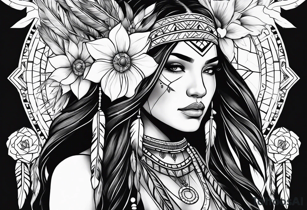 Native american girl, Taurus, flowers, dream catcher tattoo idea