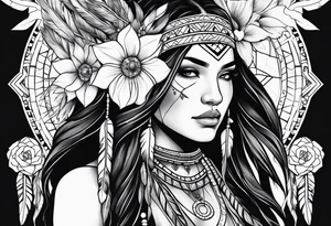 Native american girl, Taurus, flowers, dream catcher tattoo idea