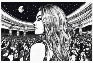A behind profile of a  girl at a night-time outdoor concert in the crowd smiling and dancing. The frame should be able to see the stage and with the moon in the sky. tattoo idea