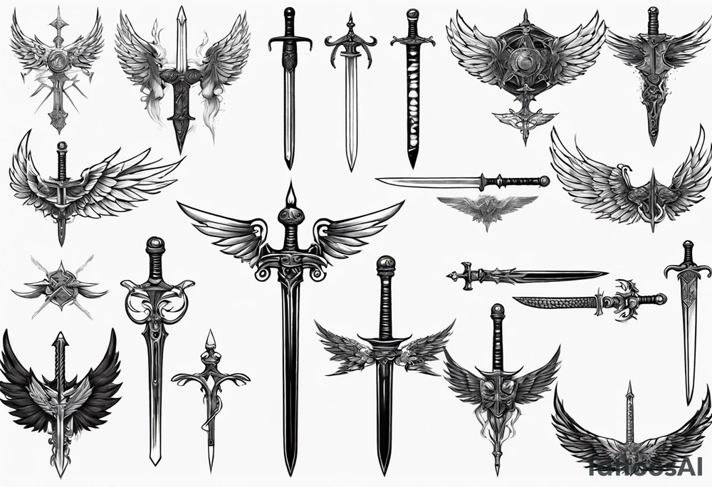 a sword with wings and markings around it tattoo idea