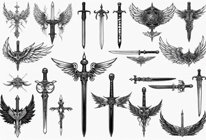 a sword with wings and markings around it tattoo idea