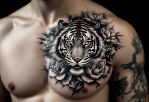 fierce tiger emerging through blooming lotus flowers in mist tattoo idea