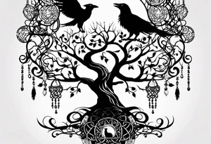 yggdrasil with a cat and a raven and knotwork tattoo idea