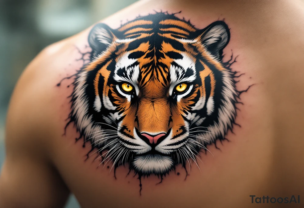 A mid-pounce tiger with piercing yellow eyes, fur detailed in deep orange, white, and jet black stripes include shadows as well tattoo idea