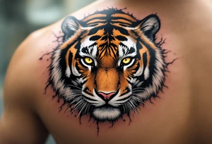 A mid-pounce tiger with piercing yellow eyes, fur detailed in deep orange, white, and jet black stripes include shadows as well tattoo idea