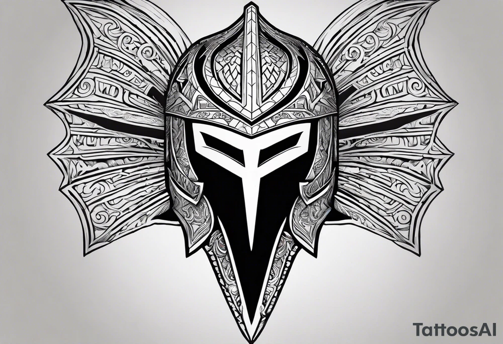 Design a tattoo featuring a sharp, angular warrior’s helmet with a bold, pointed crest and two narrow, triangular eye slits. A prominent scar runs diagonally through the right eye slit, starting above the slit, cutting through its middle, and continuing below the lower edge. The scar should have slightly jagged edges with natural tapering at both ends, resembling a healed wound on metallic armor. The helmet should include symmetrical engravings and subtle scratches, giving it a battle-worn appearance. Use clean, sharp lines with minimal shading, ensuring the design focuses entirely on the helmet and scar as a standalone tattoo, without any background or skin visualization. tattoo idea