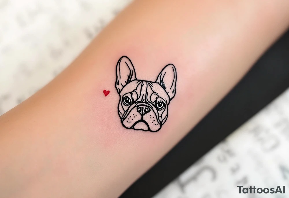 Minimalist line art of a French Bulldog’s face, with clean black lines and a small red heart near the nose. tattoo idea