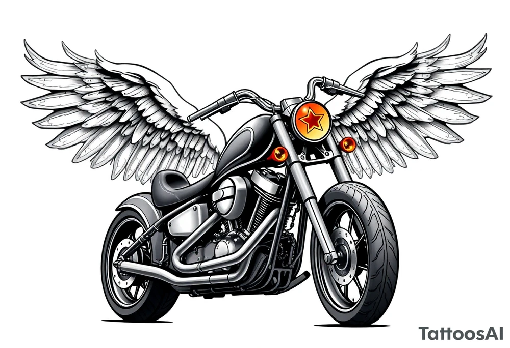 Low rider grey motorcycle, big muffler pipes with flames, angel wings, driving away, no person tattoo idea